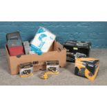 A box of tools. Palm Sander, Mini grinder, pop rivet gun, files, car polisher etc