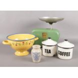 A quantity of miscellaneous. Vintage Kitway scales, enamel storage jars- tea & coffee, Carricks