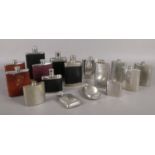 A quantity of assorted hip flasks. Leather covered & stainless steel examples.