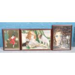 A series of three framed tapestries depicting female figures. To include young girl with dog and