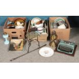 Three boxes of miscellaneous. Including paperweights, Imperial typewriter, metalwares, brass oil
