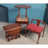 Four pieces of occasional furniture. Includes two stools, yew wood table and an oak drop leaf table.