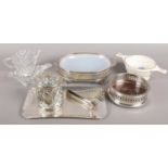 A small collection of miscellaneous. Including white metal wine coaster, cut glass jugs, WMF tray,