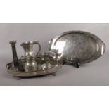 A selection of metalwares. To include three pieces of Pilgrim Pewter, a silver plated tray and a