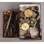 A box of jewellery & watch makers parts along with a box of assorted storage containers.