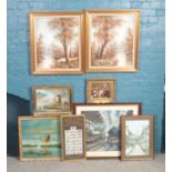 A collection of pictures, prints and framed cigarette cards. Includes Edward Ward oil on canvas,