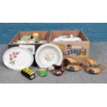 Two boxes of miscellaneous. Royal Doulton 'Mandalay' bowl, J & G Meakin plate, Marmite advertising