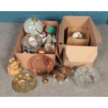 Two boxes of miscellaneous. Includes copper and brass plates, glass, ceramics etc.