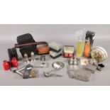 A box of miscellaneous. To include military officers silver plated mess salt & pepper shakers (