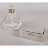 A silver mounted cut glass scent bottle (12cm height) & a silver commemorative box (4cm height 9cm