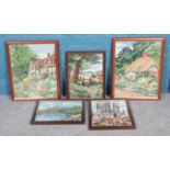 A series of five framed tapestries, depicting countryside and castle scenes.