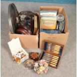 Two boxes of miscellaneous. Includes railway books, silver collared cutlery, silver plate, cabinet