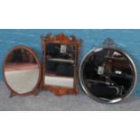 Three mirrors. Including bevel edged circular example with metal frame, etc.