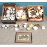 Three boxes of miscellaneous. Including Wedgwood part coffee set, dinnerwares, commemorative twin