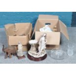 Two boxes of miscellaneous. Cut glassware, ceramic figurines, wooden animal figures etc.