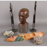 A quantity of South African items. Including carved hardwood bust of a man, figures, stone bowl,