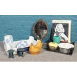 Two boxes of ceramics, a dressing table mirror and metal wall picture etc. To include a cast metal