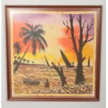 A large framed Batik, depicting Caribbean scene. (84cm x 81cm)