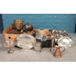 Three boxes of metalwares. Silver plate vases, teapots serving trays, copper jugs, plates, trays etc