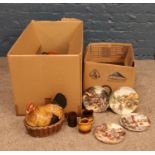 Two boxes of miscellaneous. Brass trivet stands, Royal Doulton 'The Embroideress' plate, Hornsea '