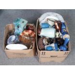 Two boxes of miscellaneous items. To include carnival glass, motto ceramics and blue and white