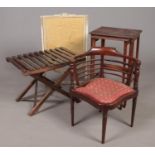 Four pieces of assorted furniture. To include a slatted Mahogany folding table, a nest of two tall