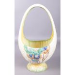 A Clarice Cliff Bizarre Ware Fantasque flower basket in the Aurea design. Height 36cm. Crack through