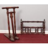 A turned wooden spindle coat rack and turned Mahogany boot remover. Comprising of a coat rack with