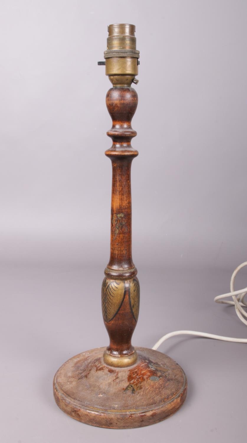 Two hardwood table lamps and an antique carved wooden rabbit and brass doorstop: H:63cm. Paint - Image 2 of 4