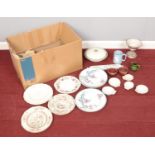 A box of assorted ceramics. To include Burslem 'Ming' bowls, Holkham jug, Wedgwood mug and Victorian
