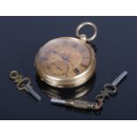 A Victorian 18ct gold pocket watch with gilt dial, Roman numeral markers and subsidiary seconds. The