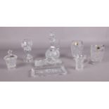 A collection of cut crystal glass ware. Vases, vinegar bottle, waterstone jaguar car etc