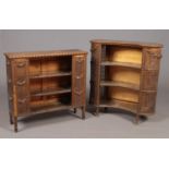 Two open bookcases with rattan sides and fronts. Comprising of a curved bookcase with tapered legs