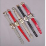 Five manual wristwatches. Includes Roxy, Gothic, Kalish, Stetson and one other. One lacking