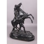 A spelter Marley horse, raised on wooden plinth. Signed to the base - indistinct.