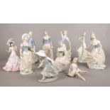 Ten Lladro style figurines by Tengra. To include a Nao figurine.
