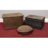 A brass cover log bin, metal box and footstool. Comprising of a decorative log bin with ship