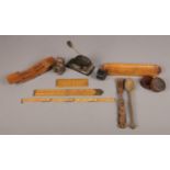 A selection of collectables. To include a carved wooden bear, Rabone hinged ruler, a carved wooden