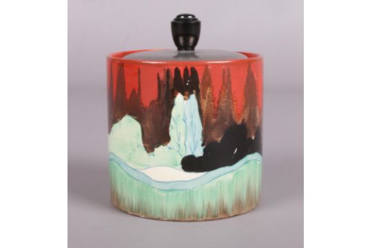 A Clarice Cliff preserve pot with metal lid decorated in the Cottage Glen design. Marked Wilkinson - Image 3 of 9