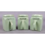 Three Bristol kitchen ware jars. Comprising of Flour, Sago and Tapioca. All with lids. Cracks and