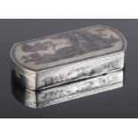 A Russian silver hinged box with niello decoration depicting figures and landscapes. Stamped to