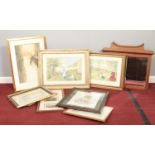 A collection of framed watercolours and prints. To include a wooden framed mirror