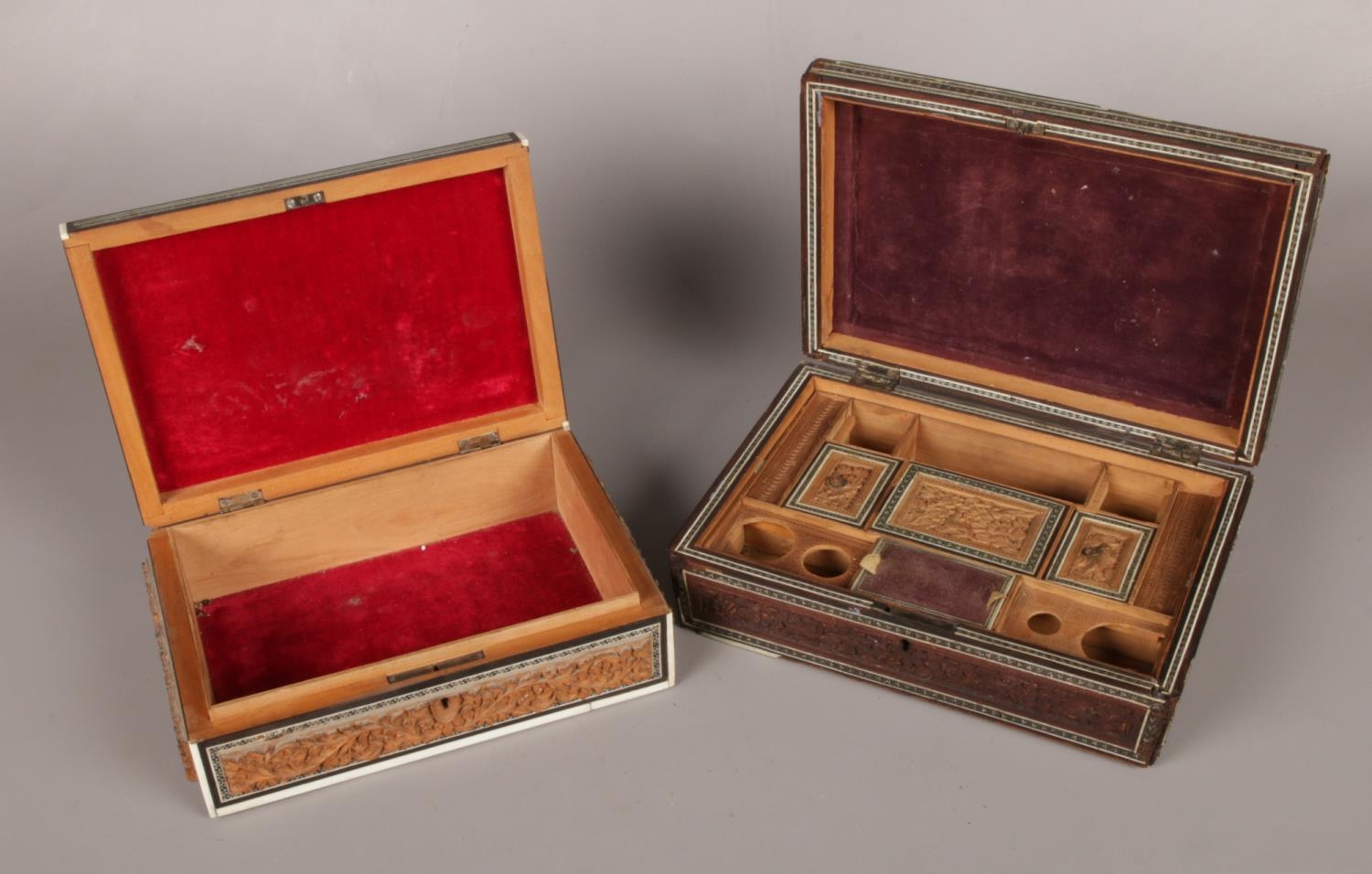 Two Anglo Indian sandalwood boxes with Vizagapatam borders. One with fitted interior. - Image 2 of 2