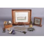 A vintage tray with an assortment of collectables. To include A small watercolour of Wentworth