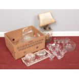 A box of assorted glassware. To include Stuart dessert bowls, a demijohn galleon painted table