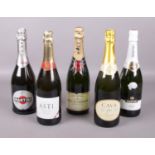 Five sealed bottles of sparkling wine and champagne. To include Moet and Martini.