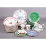 A collection of named ceramics. To include seven Wedgwood Etruria green glaze plates, two Dresden