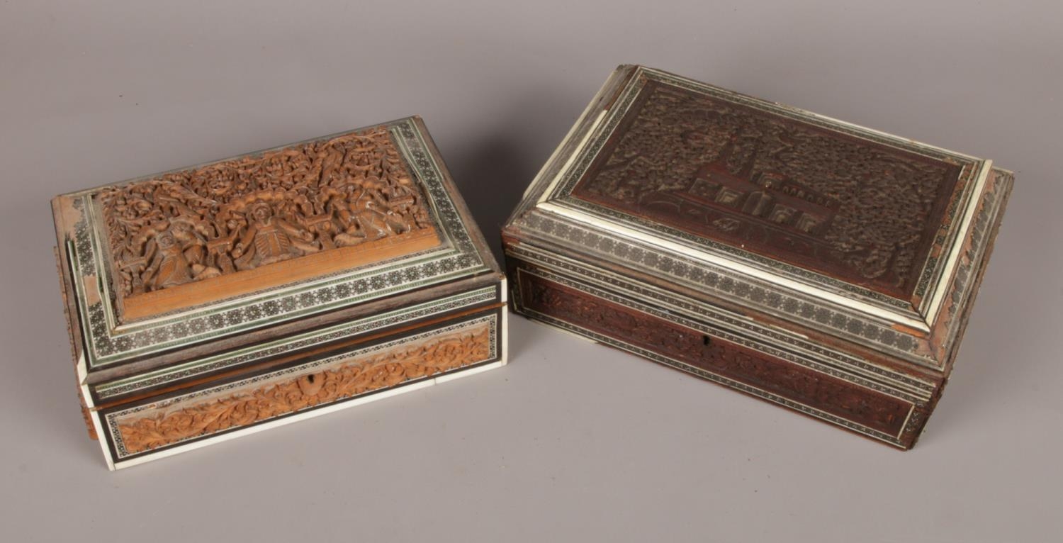 Two Anglo Indian sandalwood boxes with Vizagapatam borders. One with fitted interior.