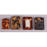Four tortoise shell card cases. Includes two carved examples, one with mother of pearl and abalone
