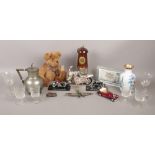 A box of miscellaneous. Including cloisonné vase, decorative miners lamp, model motorbikes on stand,
